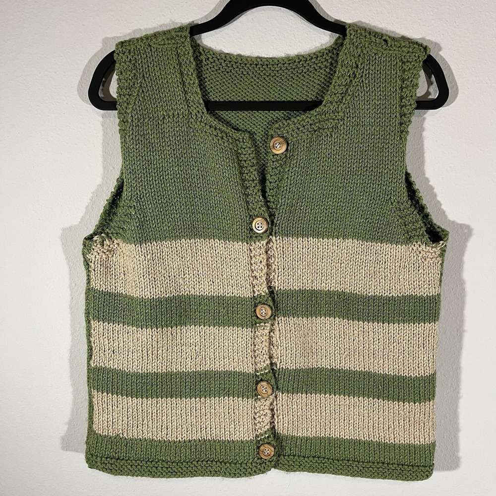 Hand Knit Sweater Vest S/M Cottagecore Grandmacore Sage Green Buttons